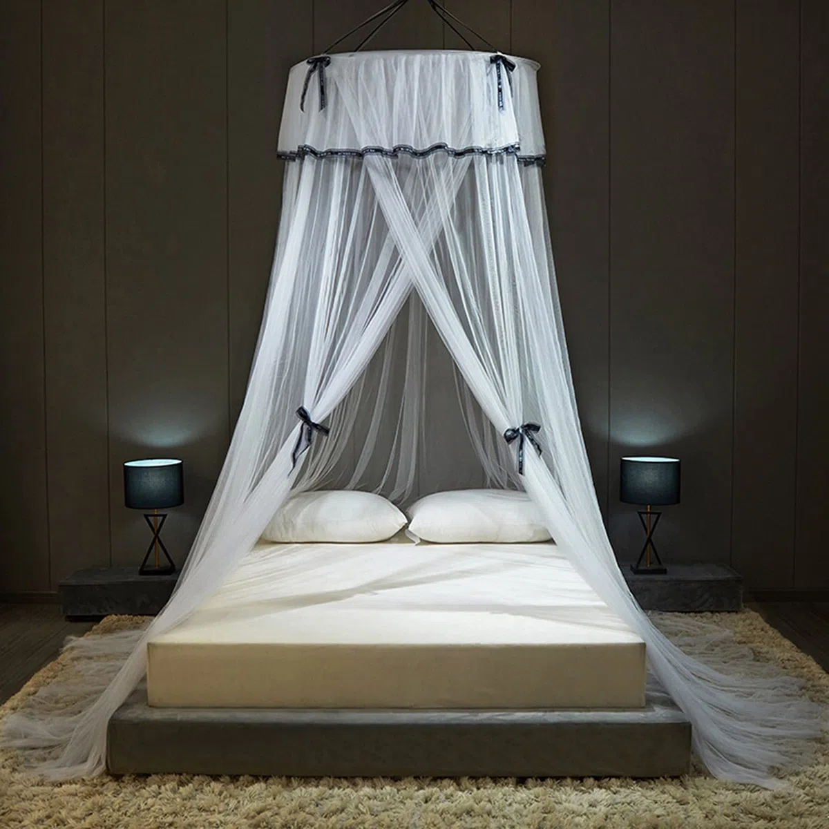 Moustiquaire pour lit, baldaquin de lit King Size, Rideau Suspendu, avec nœud Papillon et dôme Rond Princesse, Tente en Maille pour lit Double et Simple, Blanc, 1,8 m
