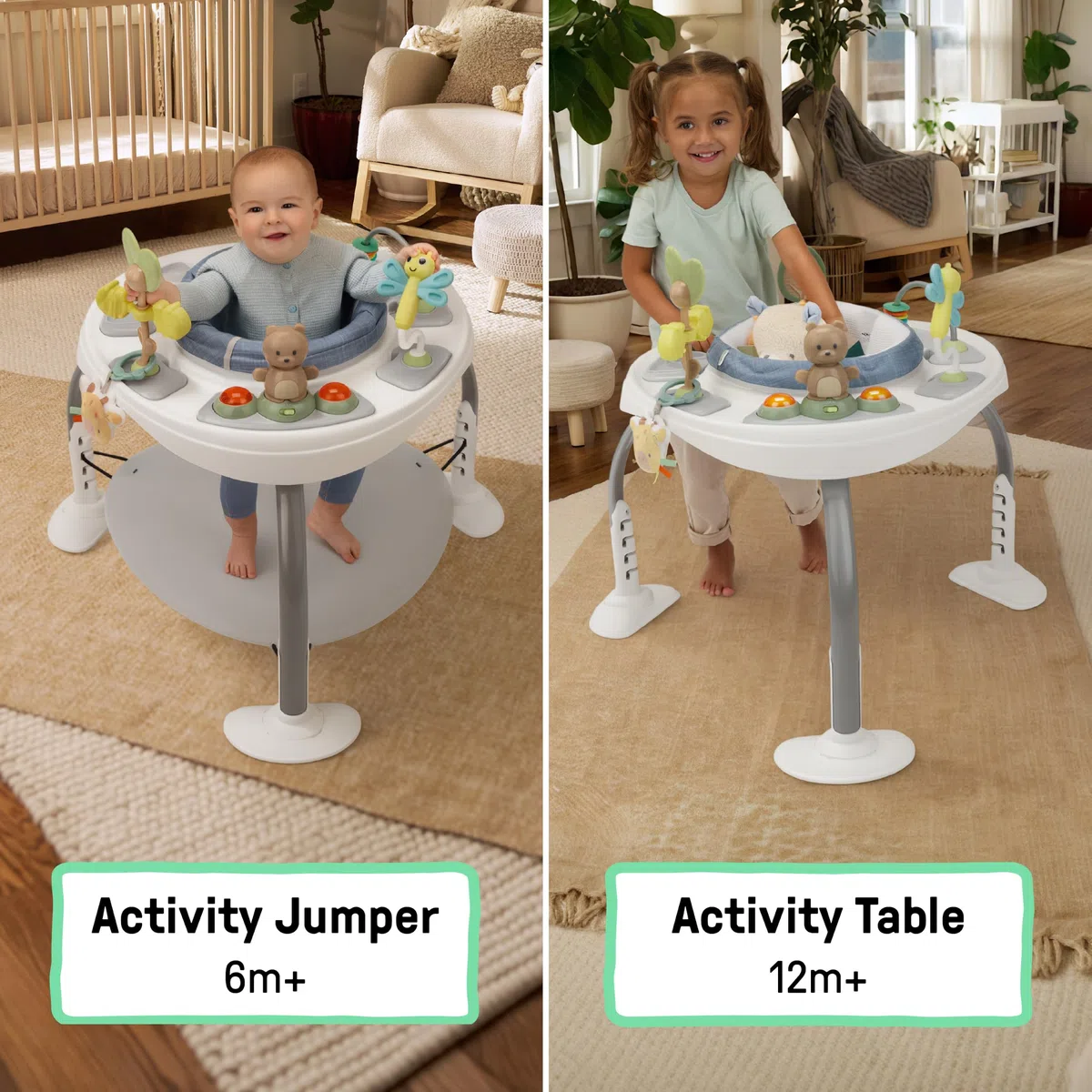 Ingenuity Bounce to Bloom 2-in-1 Jumper & Table d'Activités, Centre d'Activités Bébé avec Lumières, Sons & 11 Jouets, Siège Rotatif 360, Hauteur Réglable, Chambray, 6–24 Mois