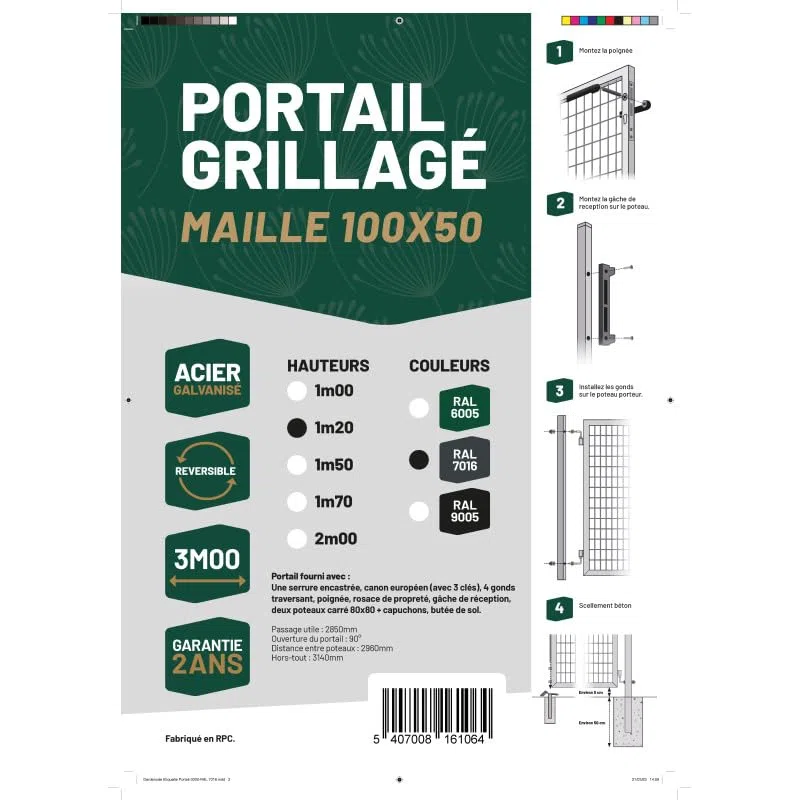 EASY CLOTURE Portail grillagé Acier galvanisé L 3m Gris Anthracite H 1m20 - Porte de Jardin - Clôture de Jardin avec Serrure et poignée