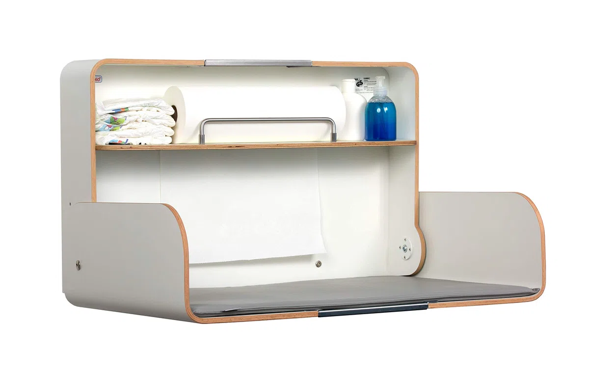 KAWAQ White | Table à langer Timkid | Certifié TÜV | Table à langer murale pliable et peu encombrant | Avec matelas à langer gris | Idéal pour le public et privé | Fabriqué en Allemagne