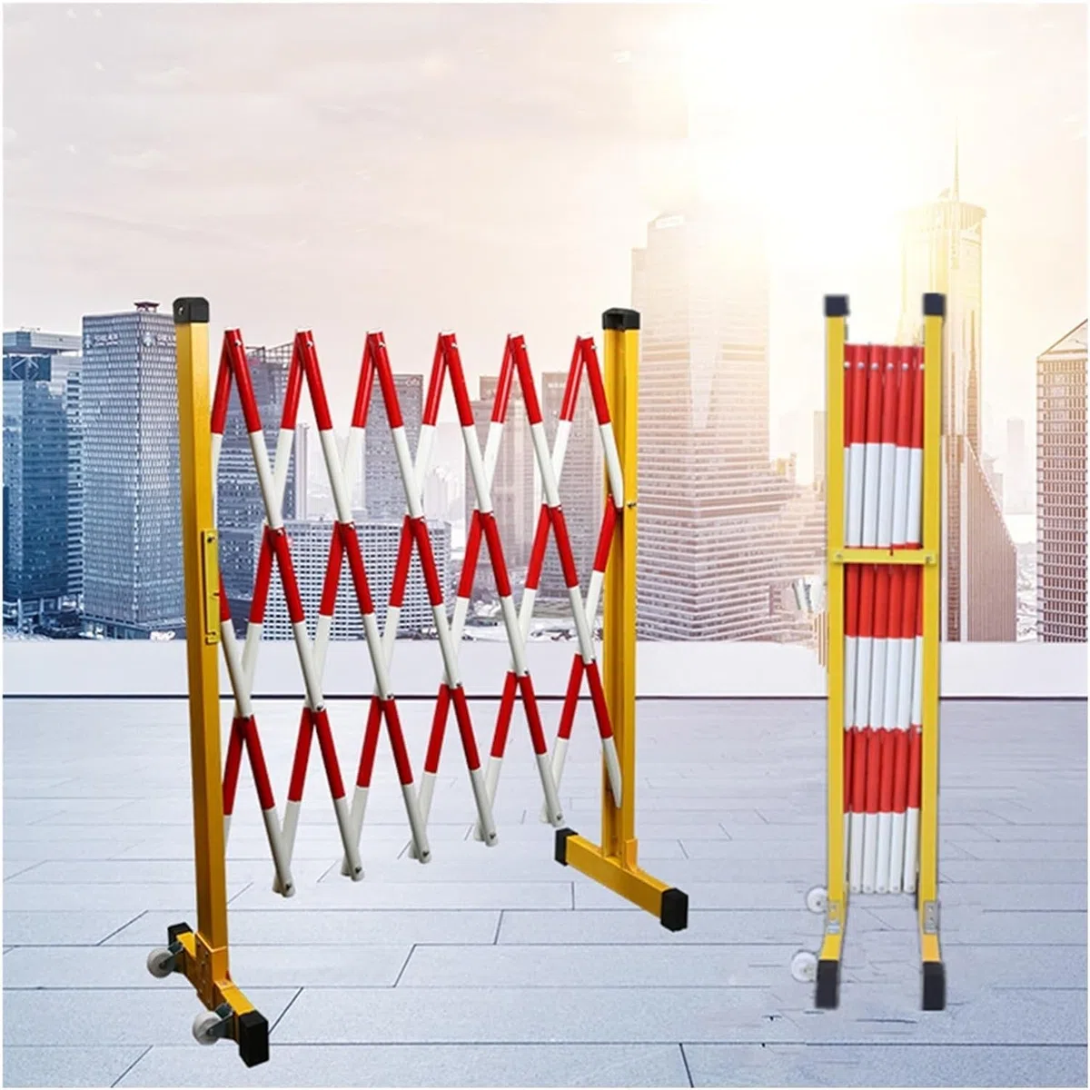 Barrière de sécurité mobile rétractable en métal avec roues pour jardins d'enfants et aires de jeux, design peu encombrant, jaune, hauteur 1,2 m, idéale pour la sécurité des enfants