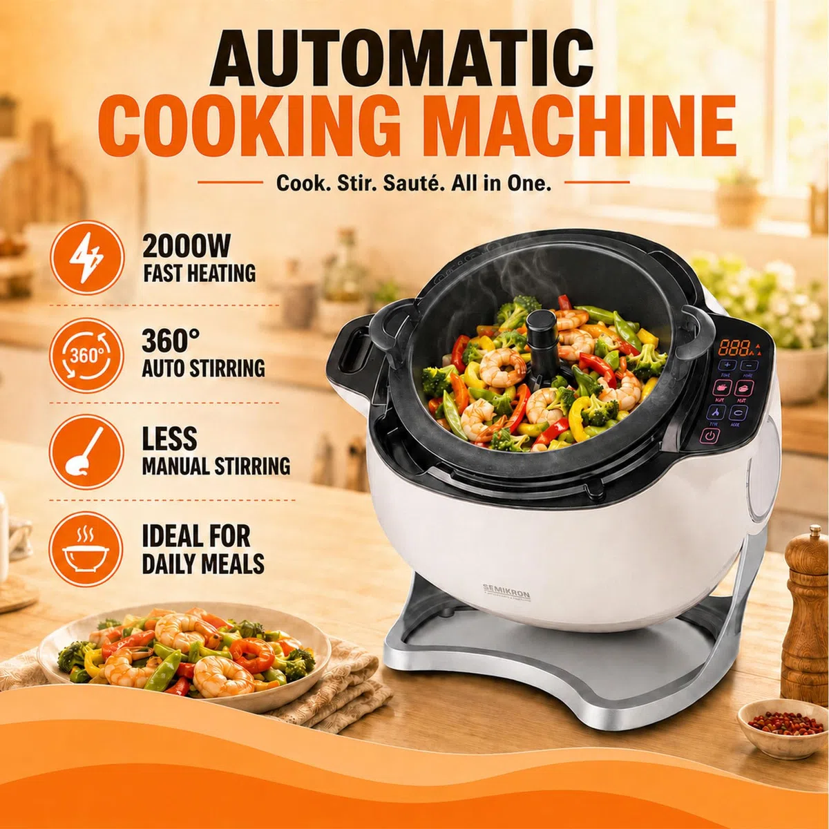 Robot culinaire Professionnel, Appareil de Cuisson Automatique, Robot de Cuisson Automatique, Wok à Tambour Rotatif 6 l 2000 W avec Couvercle en Verre Transparent, Double poignée