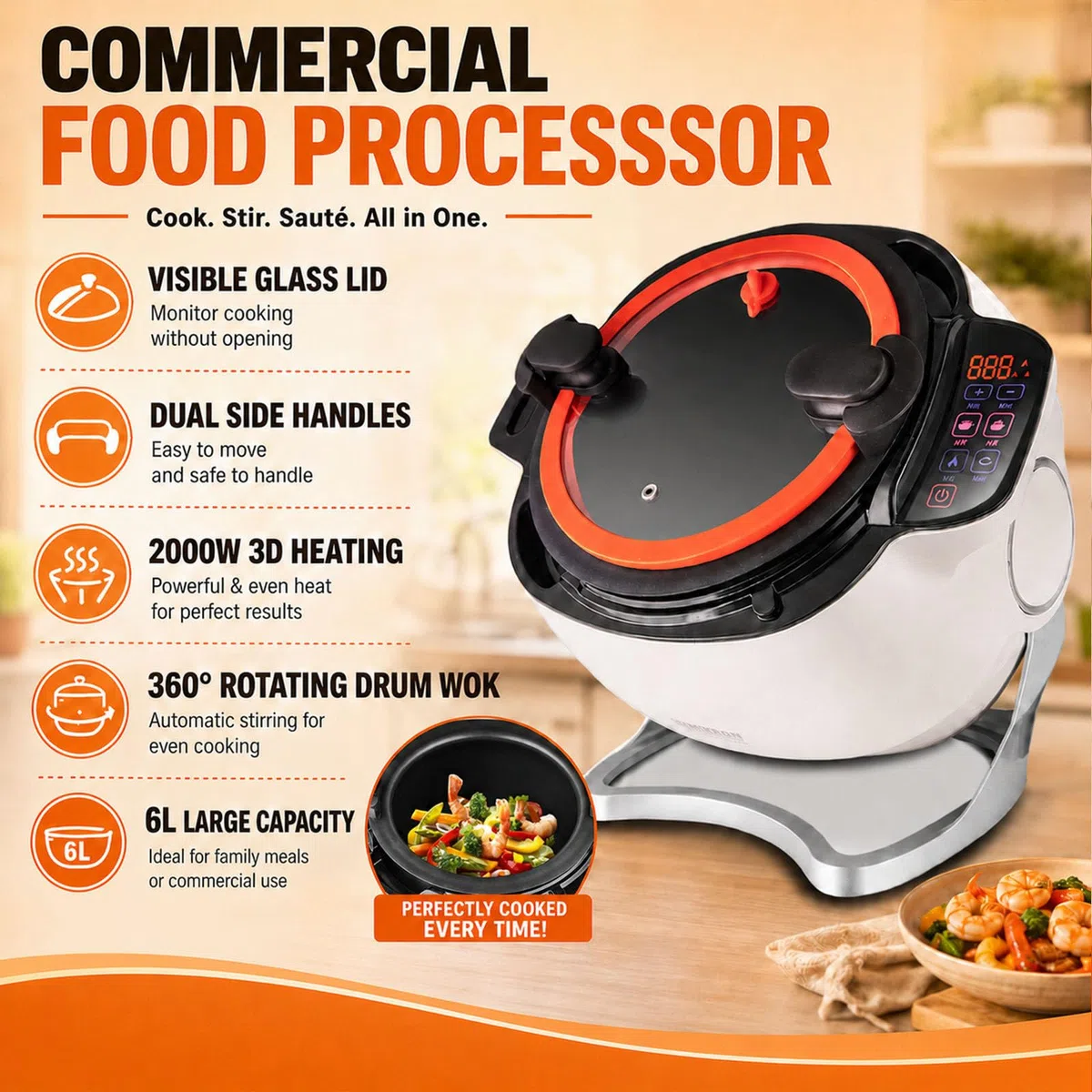 Robot culinaire Professionnel, Appareil de Cuisson Automatique, Robot de Cuisson Automatique, Wok à Tambour Rotatif 6 l 2000 W avec Couvercle en Verre Transparent, Double poignée