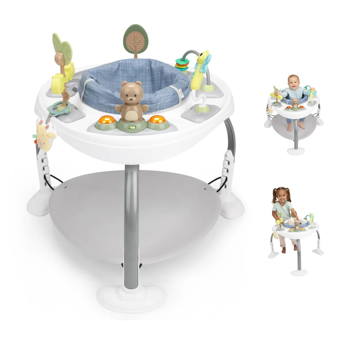 Ingenuity Bounce to Bloom 2-in-1 Jumper & Table d'Activités, Centre d'Activités Bébé avec Lumières, Sons & 11 Jouets, Siège Rotatif 360, Hauteur Réglable, Chambray, 6–24 Mois