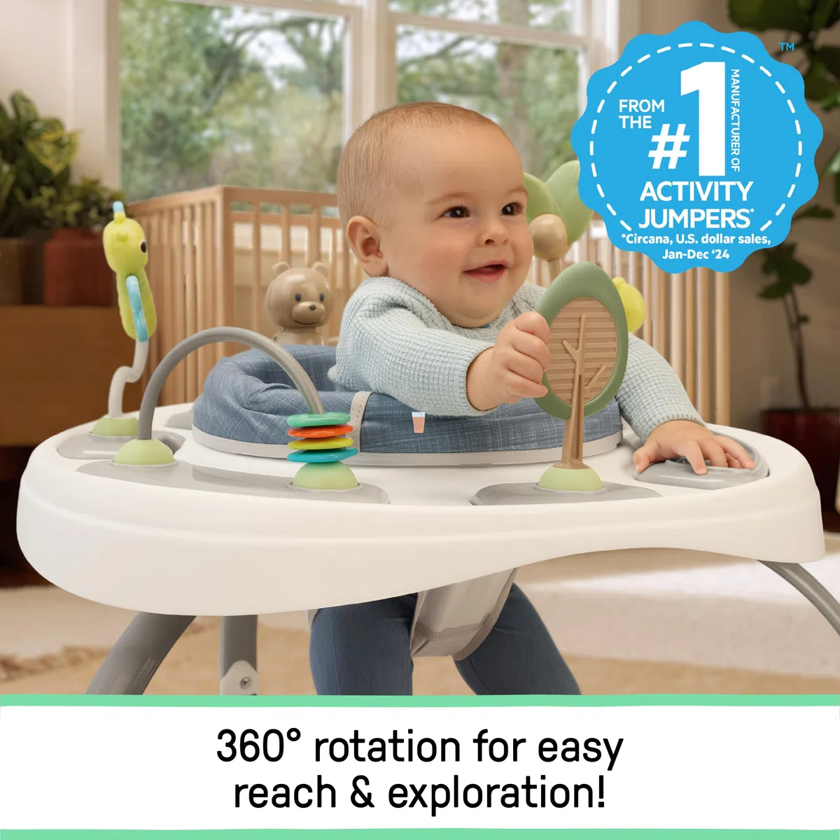 Ingenuity Bounce to Bloom 2-in-1 Jumper & Table d'Activités, Centre d'Activités Bébé avec Lumières, Sons & 11 Jouets, Siège Rotatif 360, Hauteur Réglable, Chambray, 6–24 Mois