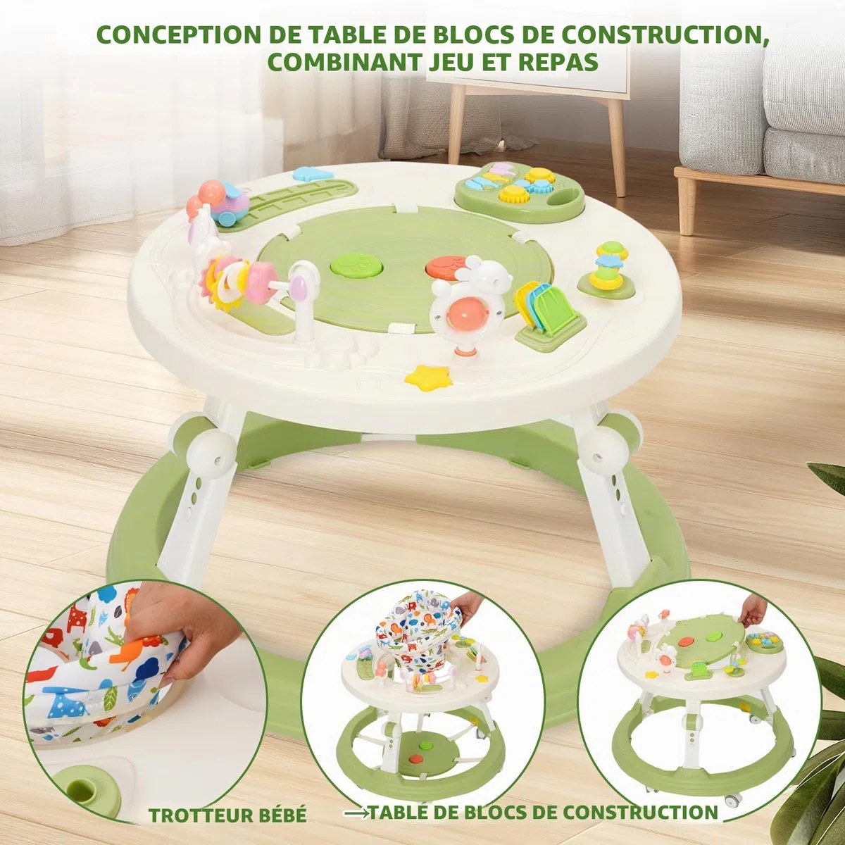 Trotteur5 en 1 pour Bébé,Pédale Musicale,Se Transforme en Table de Construction,Babywalker Réglable en Hauteur et Pliable,Convient aux Bébés âgés de 6 Mois et Plus qui Apprennent à Marcher