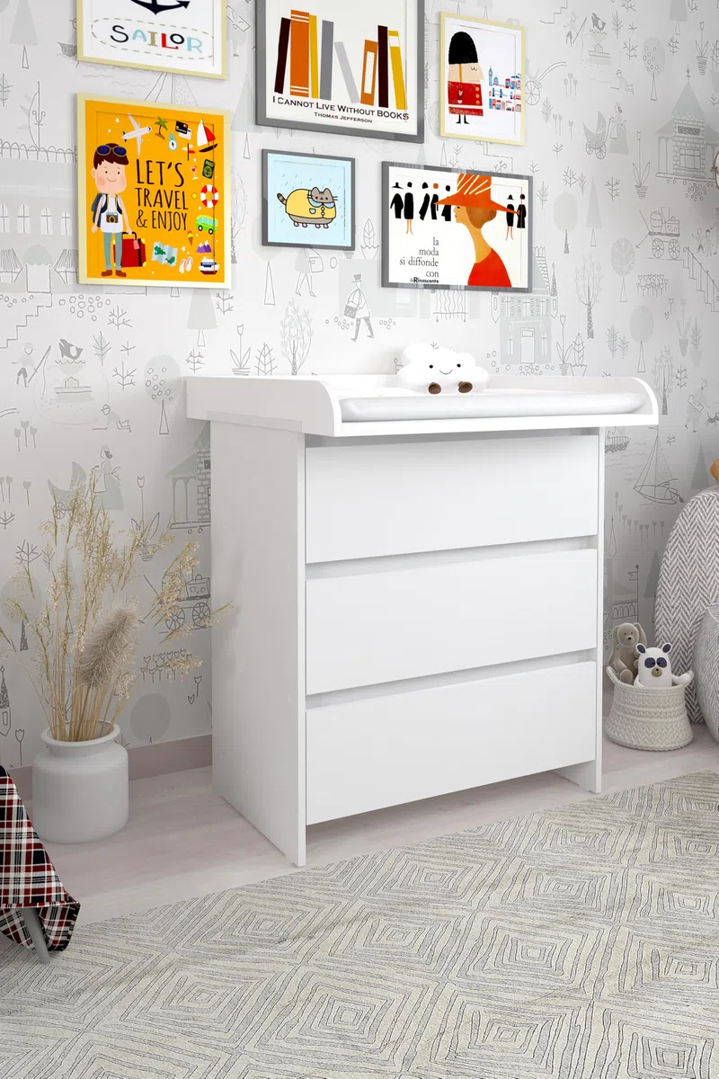 Commode Shefa Kids 820 Blanc – Table à Langer avec 3 tiroirs & Commode Chambre Enfant, Ensemble complet pour Chambre bébé avec Plan à Langer rabattable, Station de Change ergonomique