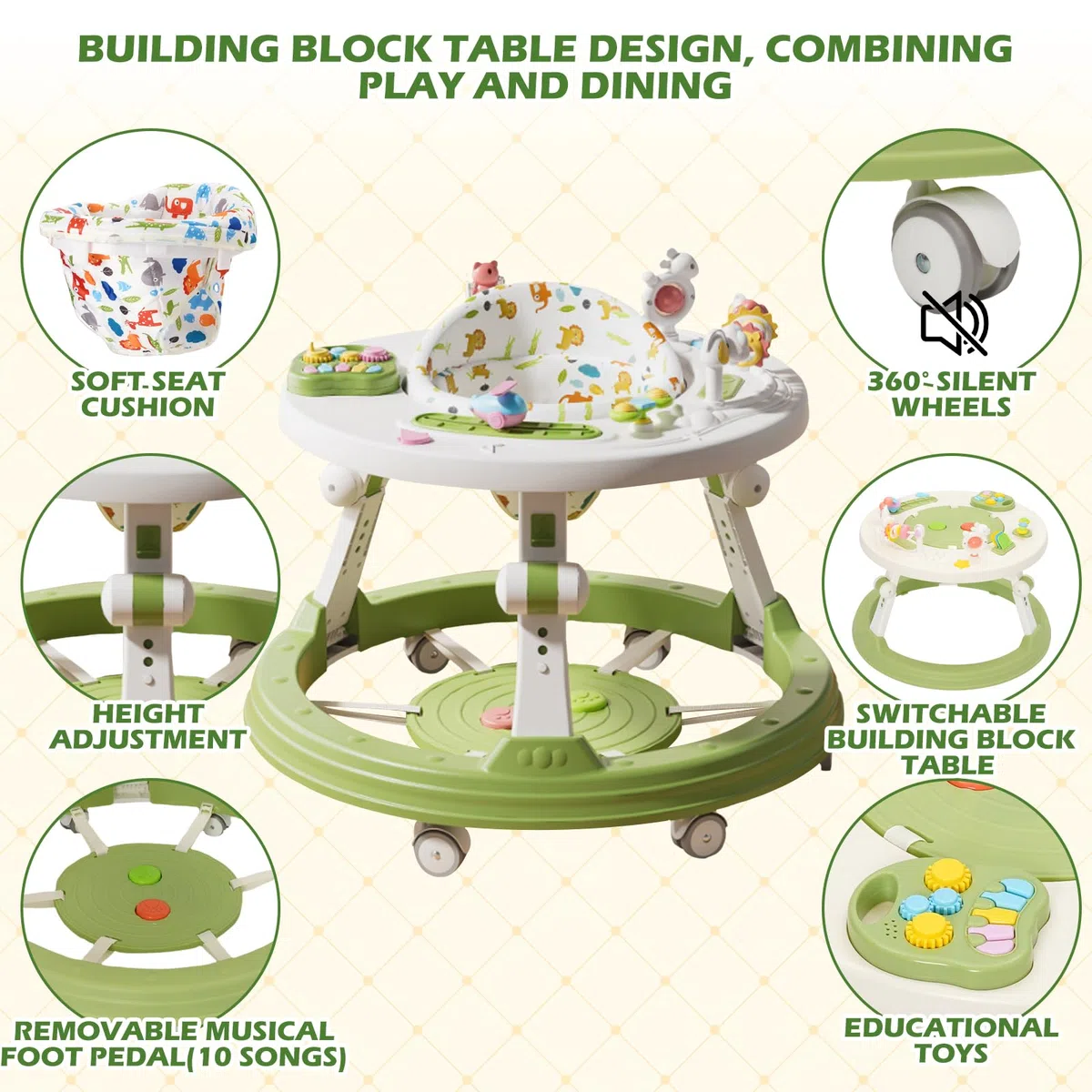 Trotteur5 en 1 pour Bébé,Pédale Musicale,Se Transforme en Table de Construction,Babywalker Réglable en Hauteur et Pliable,Convient aux Bébés âgés de 6 Mois et Plus qui Apprennent à Marcher