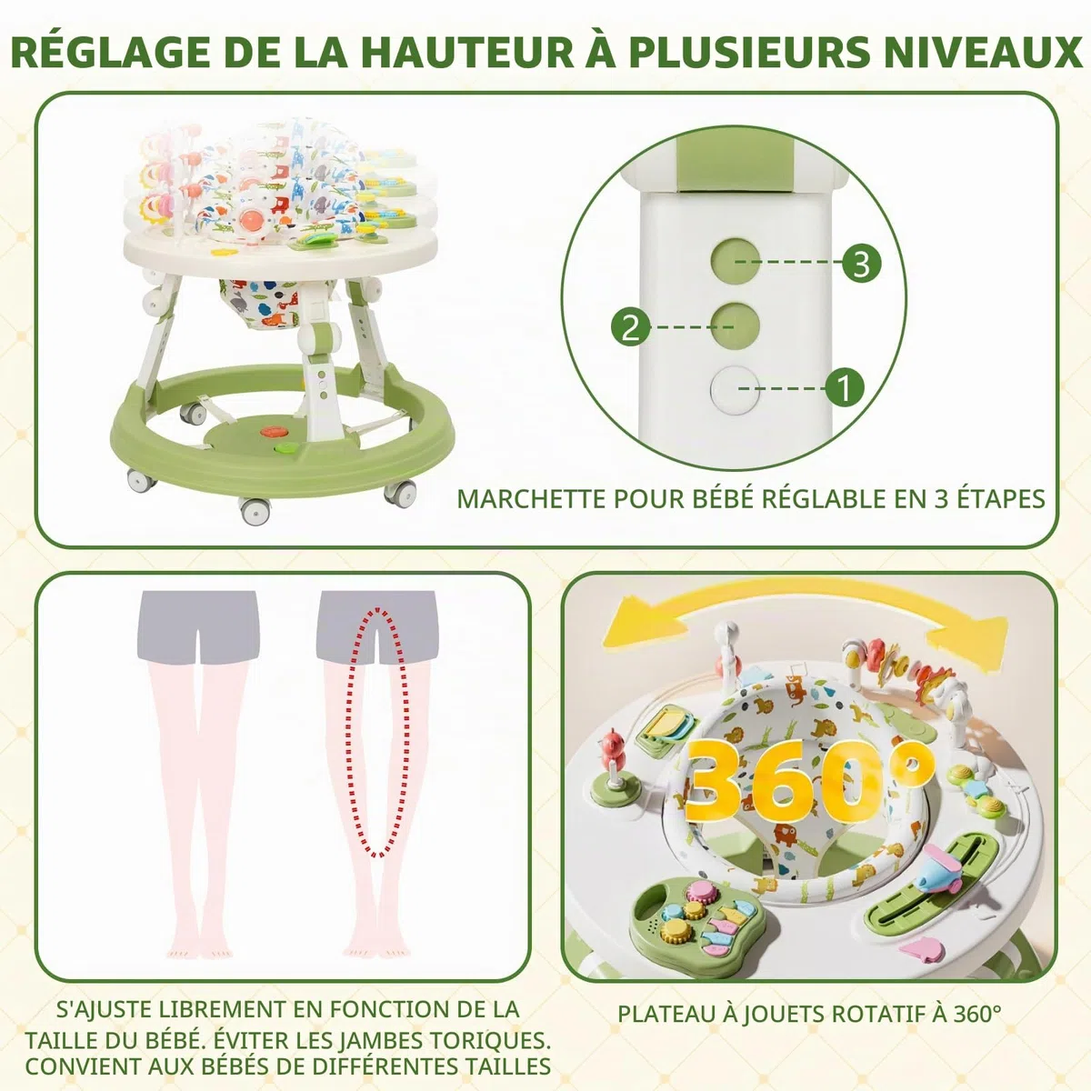 Trotteur5 en 1 pour Bébé,Pédale Musicale,Se Transforme en Table de Construction,Babywalker Réglable en Hauteur et Pliable,Convient aux Bébés âgés de 6 Mois et Plus qui Apprennent à Marcher