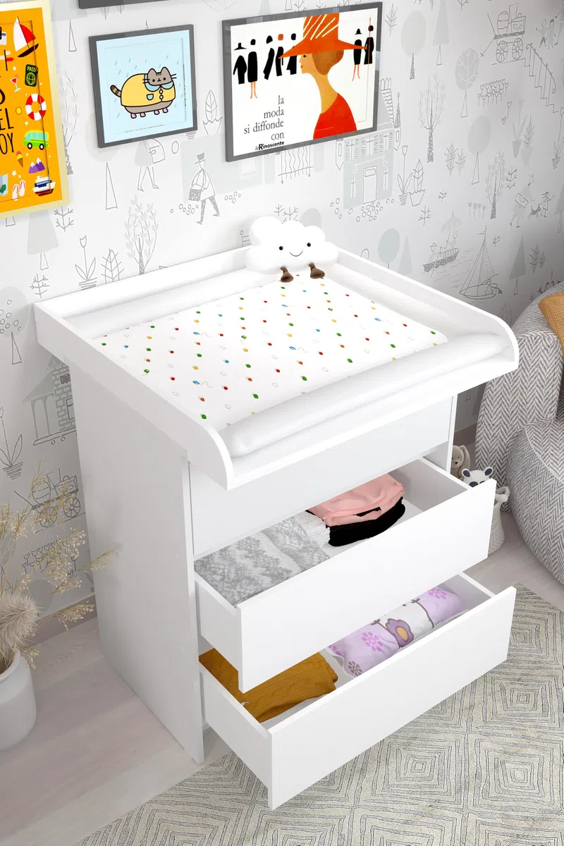 Commode Shefa Kids 820 Blanc – Table à Langer avec 3 tiroirs & Commode Chambre Enfant, Ensemble complet pour Chambre bébé avec Plan à Langer rabattable, Station de Change ergonomique
