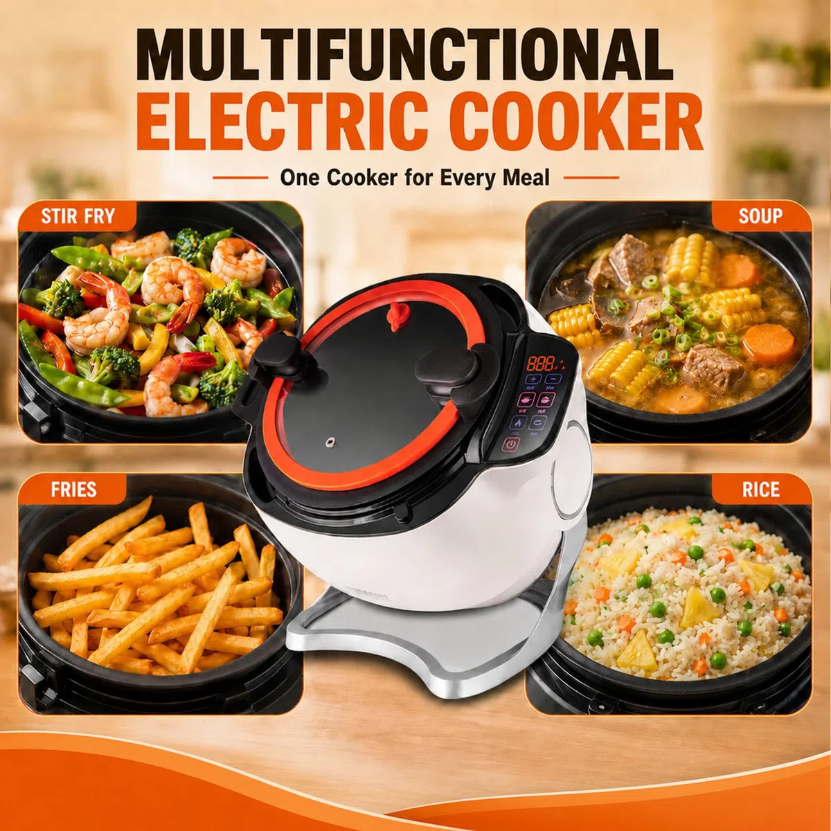 Robot culinaire Professionnel, Appareil de Cuisson Automatique, Robot de Cuisson Automatique, Wok à Tambour Rotatif 6 l 2000 W avec Couvercle en Verre Transparent, Double poignée