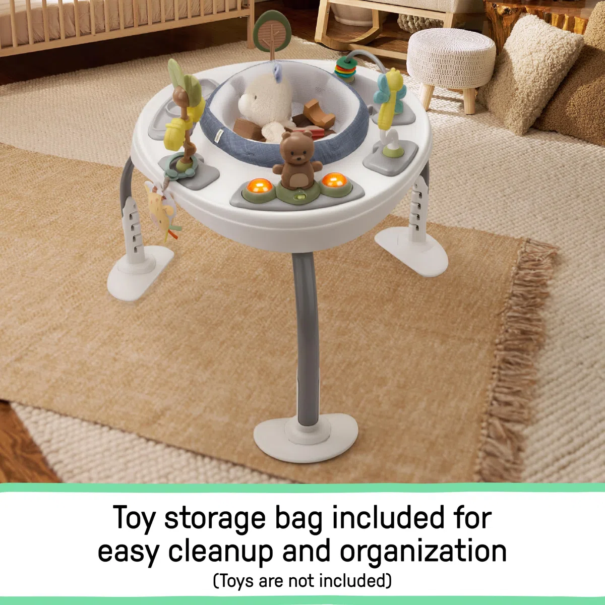 Ingenuity Bounce to Bloom 2-in-1 Jumper & Table d'Activités, Centre d'Activités Bébé avec Lumières, Sons & 11 Jouets, Siège Rotatif 360, Hauteur Réglable, Chambray, 6–24 Mois